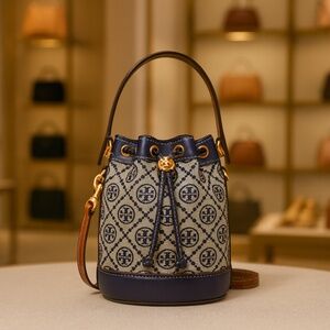 NEW Tory Burch T Monogram Navy/Beige Jacquard Mini Bucket Bag/Crossbody Bag